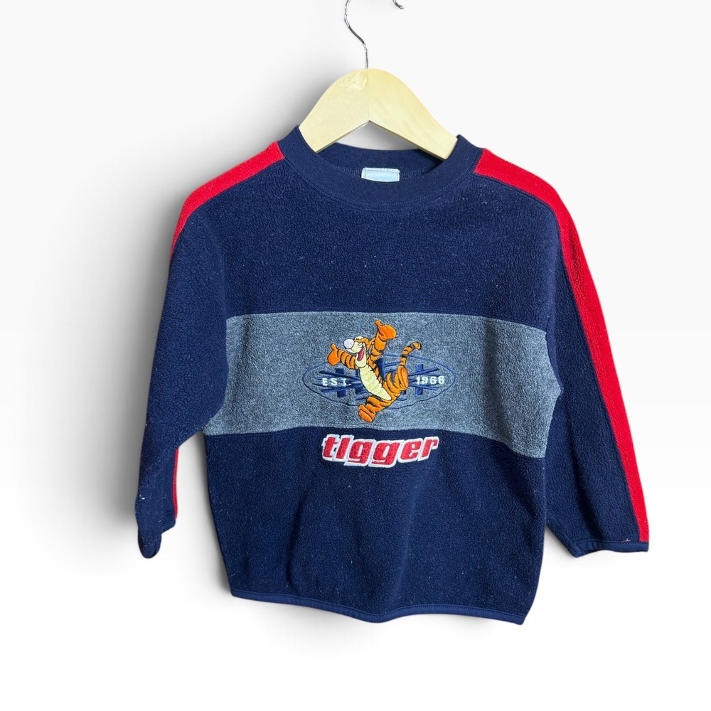 Vintage Disney Tigger Fleece Pullover Kids 4T Navy Blue Red Colorblock Sweater